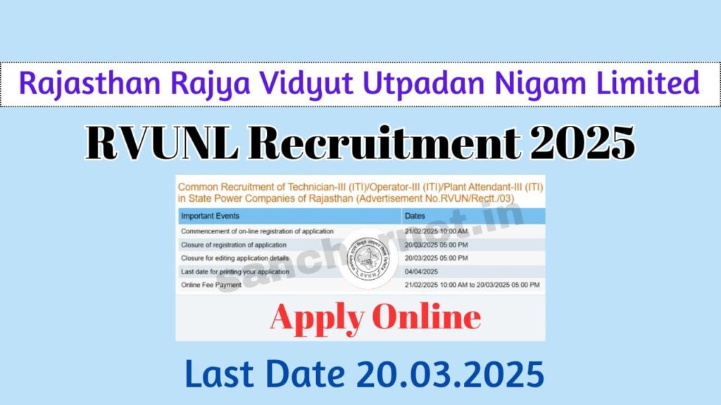 RVUNL Recruitment 2025 Apply Online for 216 Vacancies, Last Date 20.03.2025